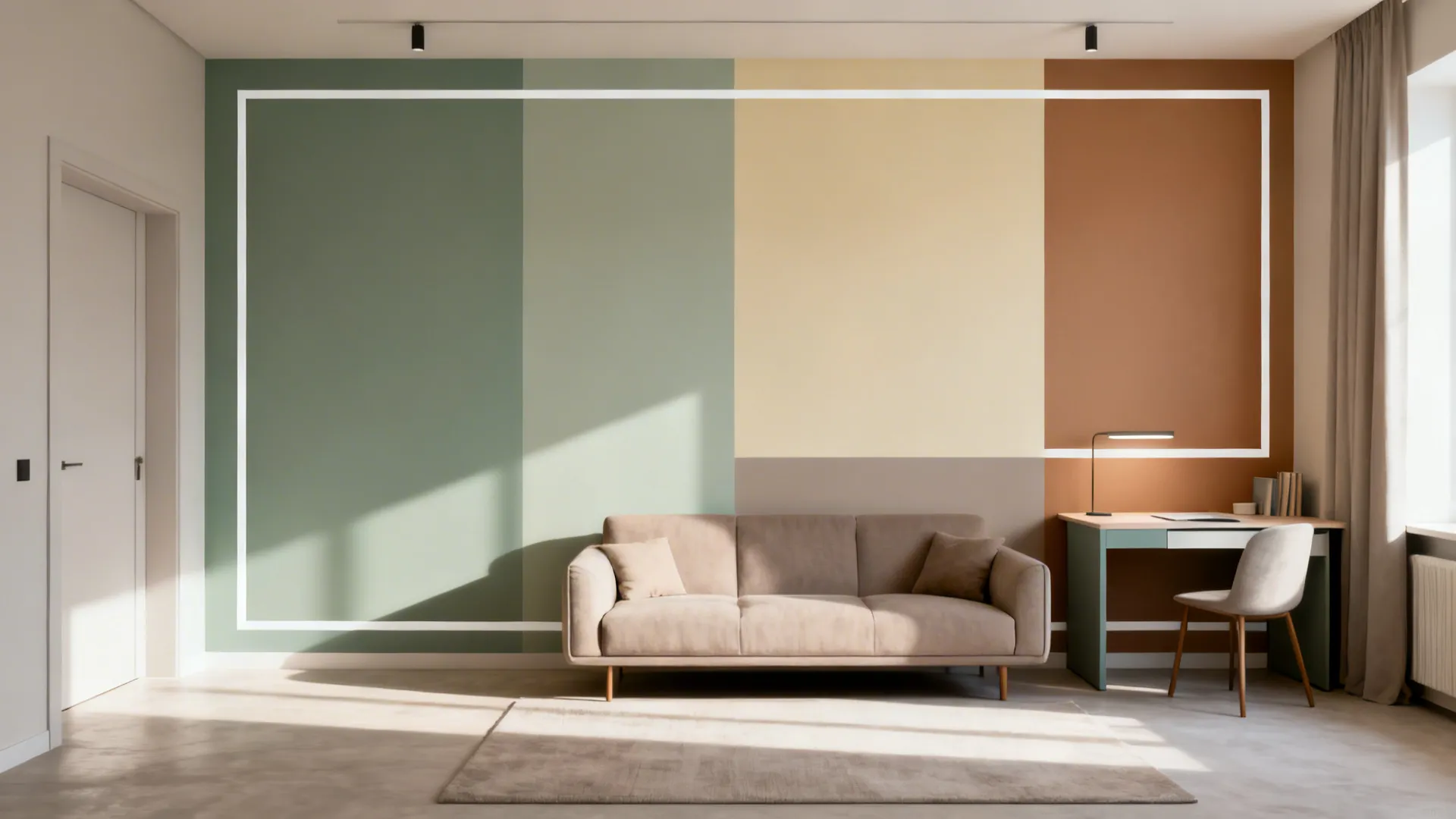 Modern living room featuring a geometric wall mural, beige sofa, small desk, and natural sunlight