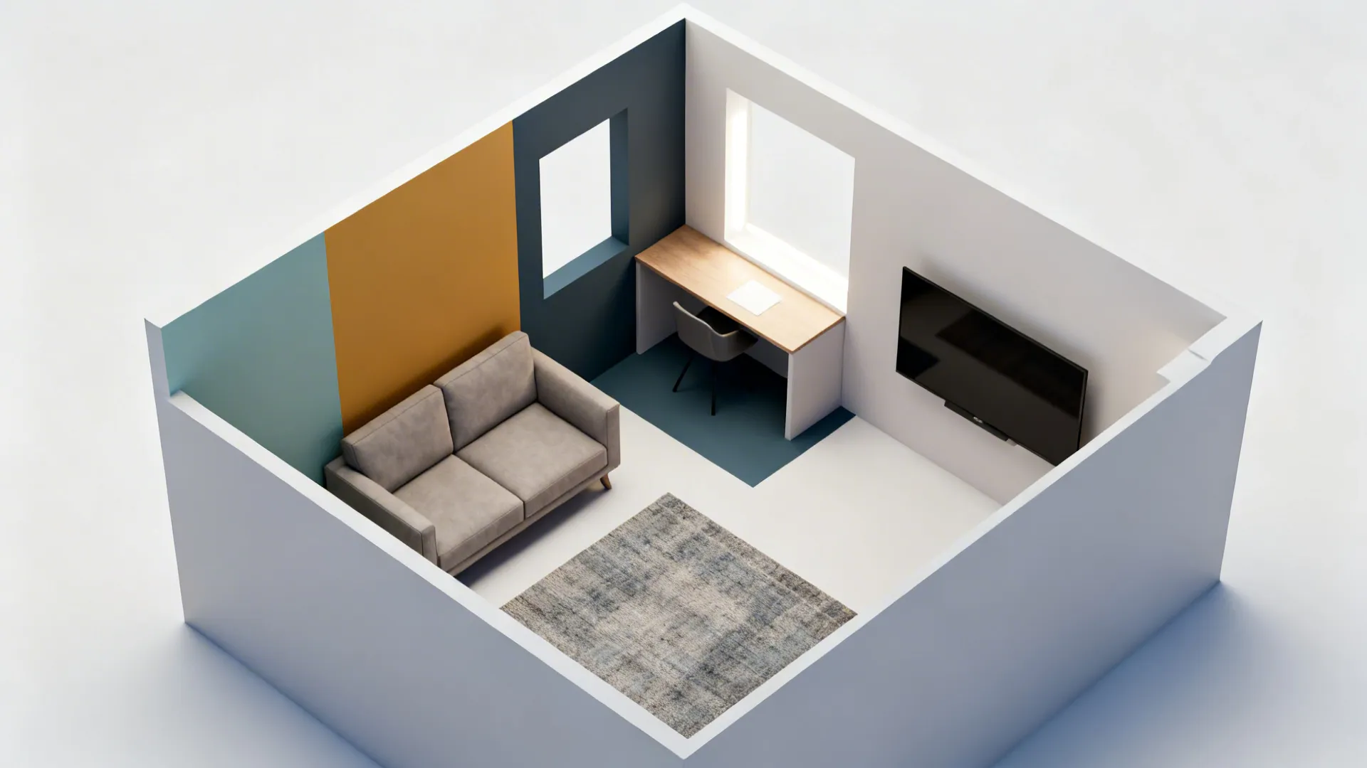 Interior design drawing of a small room with sofa desk television and colorful wall panels