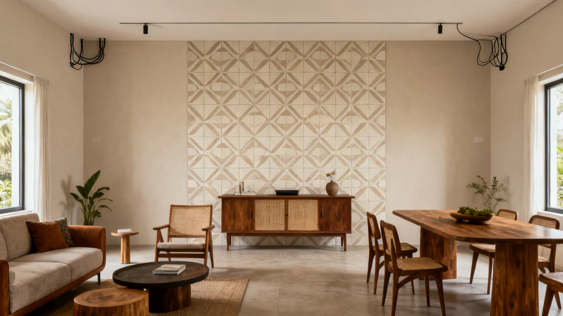 Living area with geometric wall panel, wooden cabinet, grey sofa, and a wooden dining table