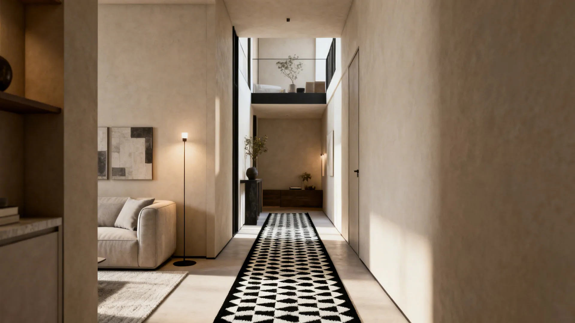 Narrow loft with a black-and-white geometric runner creating a visual pathway.