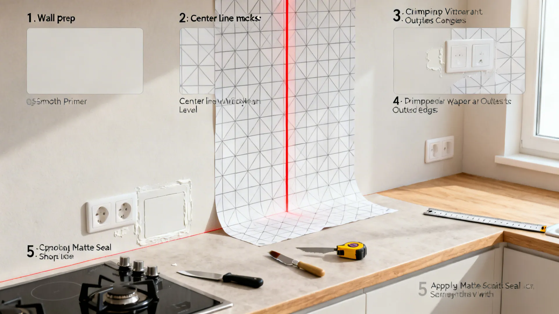 Kitchen wall showing five steps to install geometric wallpaper with a red laser level line