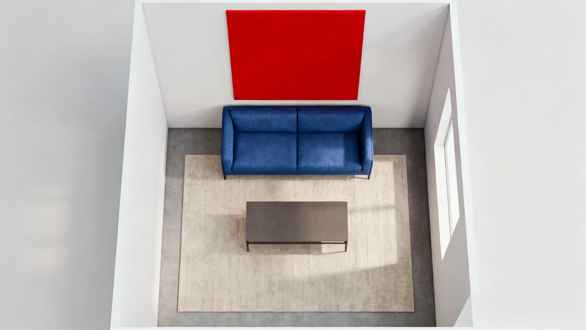 Top-down view mapping a blue sofa and proportioned red artwork for a small living room.