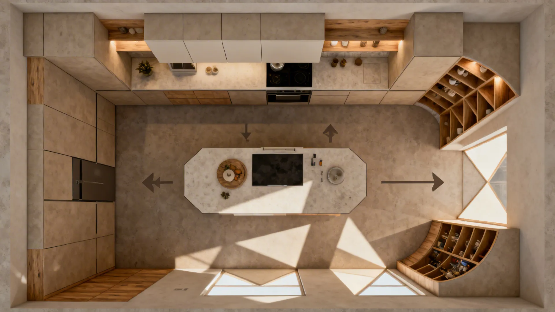 Top-down kitchen plan illustrating five geometric design strategies for small spaces.