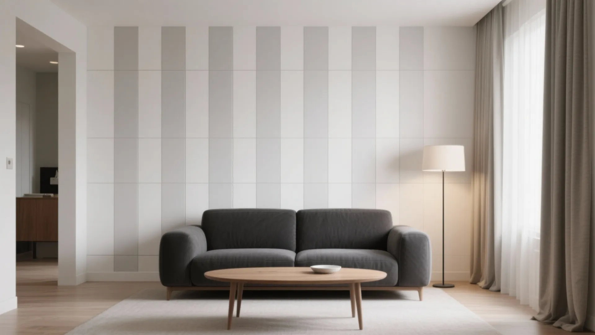 Modern living room with grey sofa wooden coffee table floor lamp and vertical striped wall design