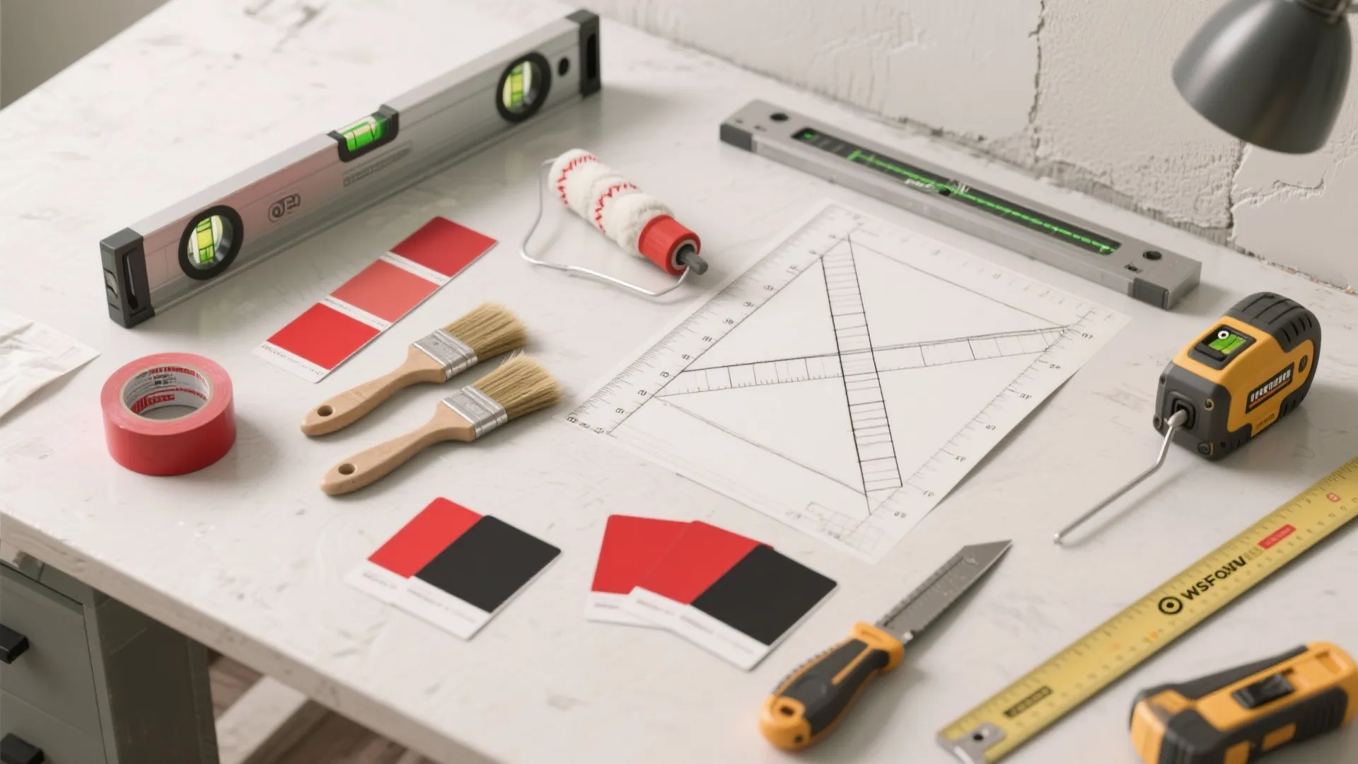 Home renovation tools on table including spirit level paint brushes color samples and floor plan drawing