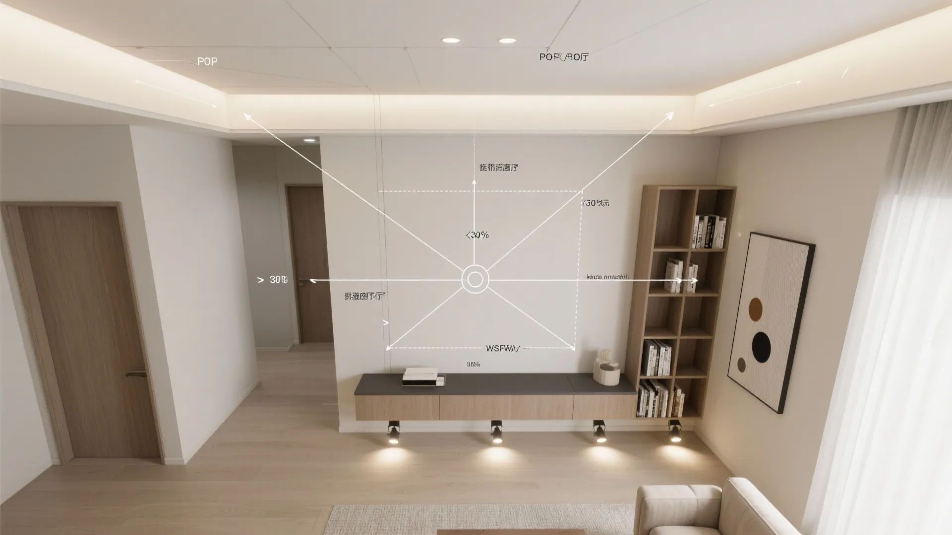 Geometric POP ceiling lines with integrated storage cues