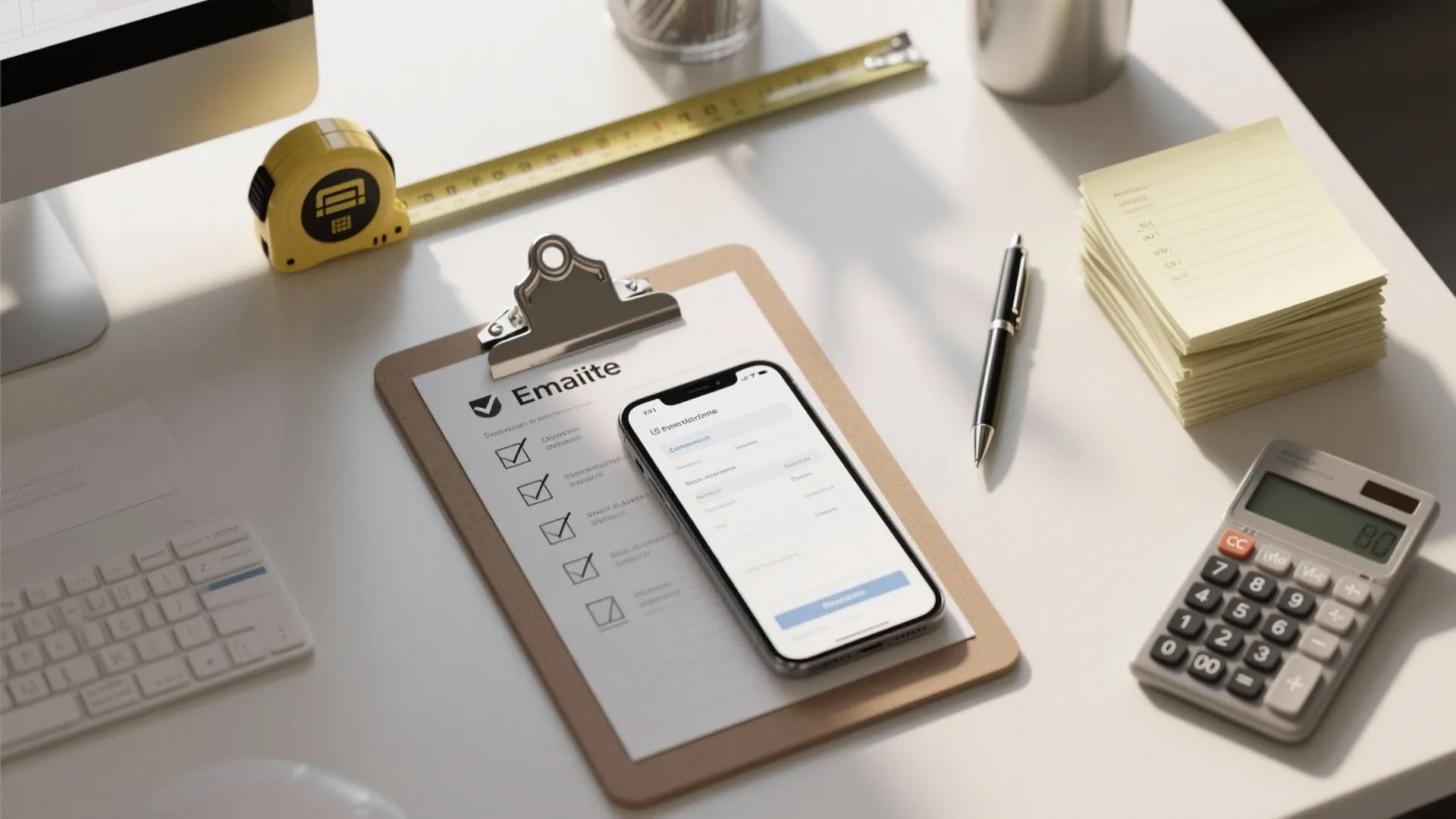 Desk with clipboard and phone showing digital form and calculator and yellow tape measure tool