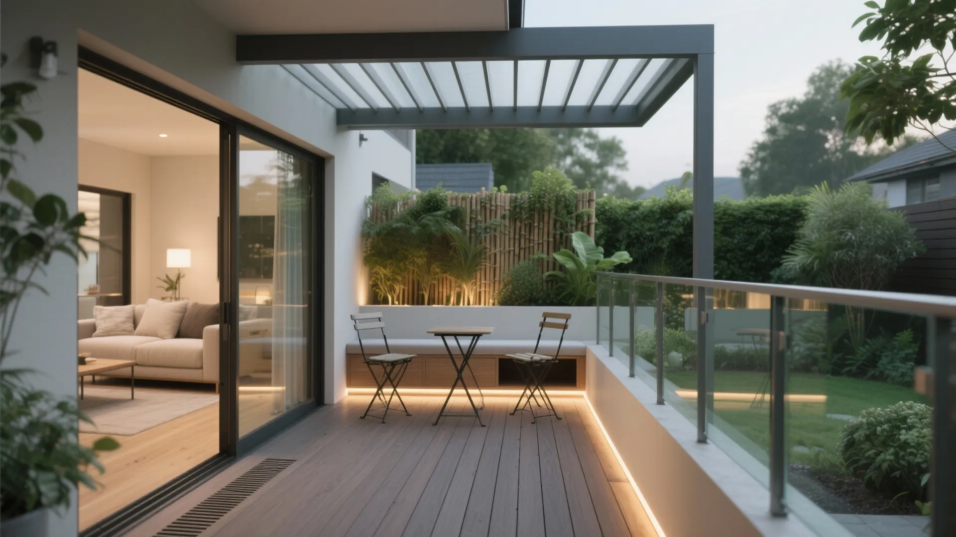 Modern wooden balcony with glass railing small table chairs and soft warm lighting at night