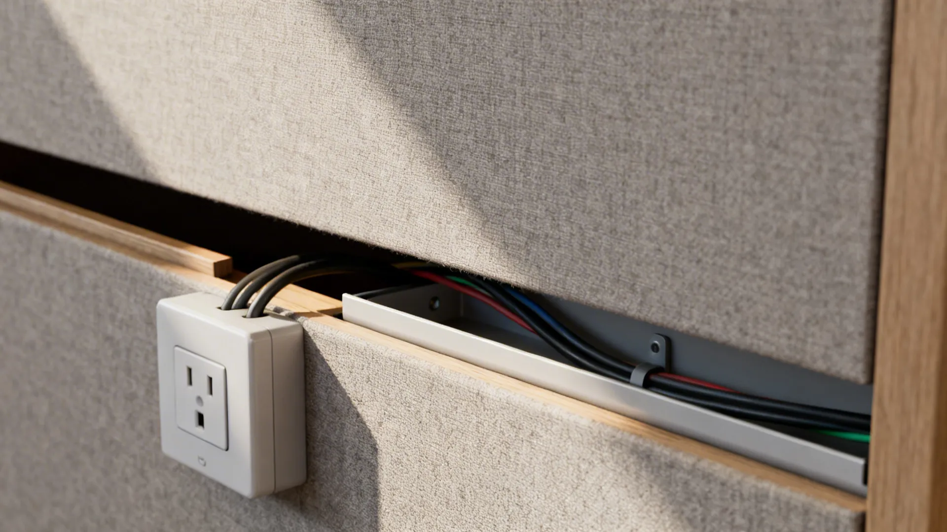 White wall socket with electrical wires hidden in a metal track behind a grey wall panel