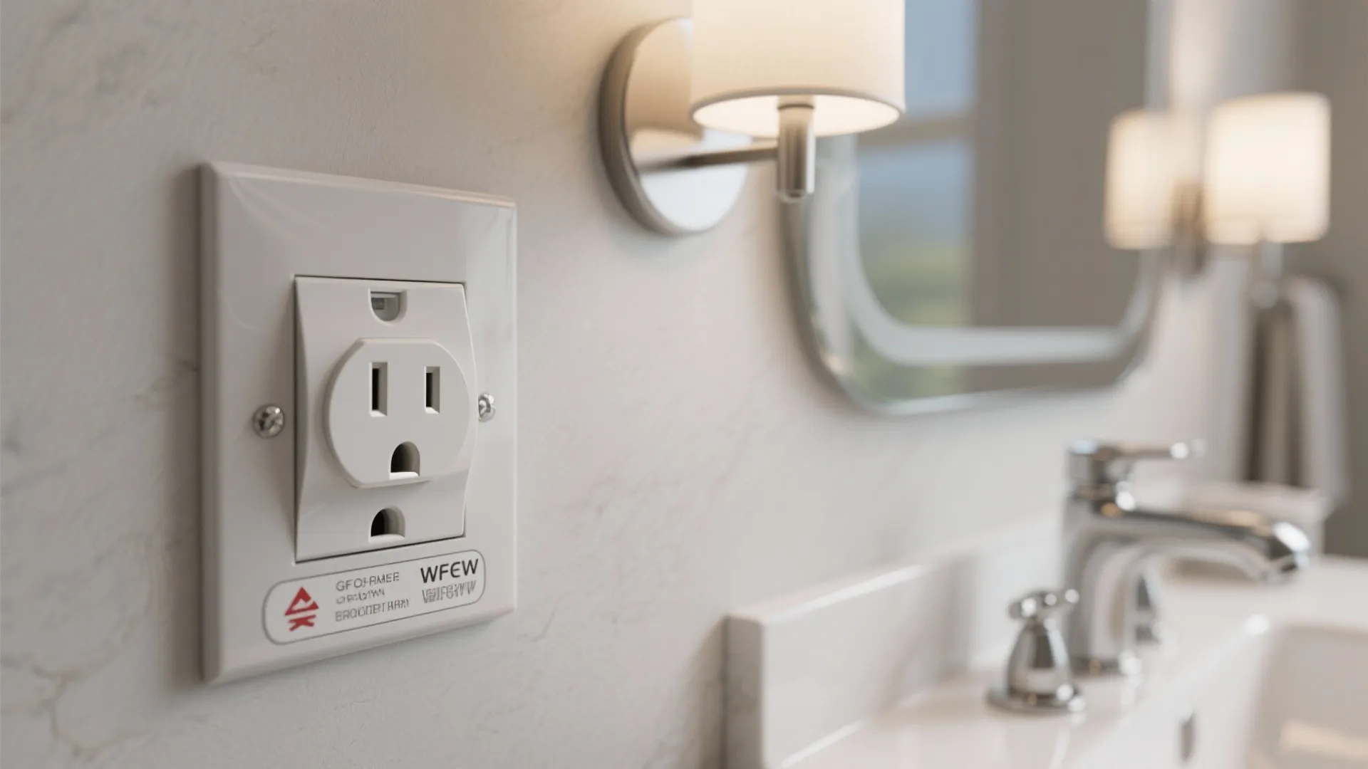 Close up of a white bathroom wall power outlet near a sink faucet and mirror