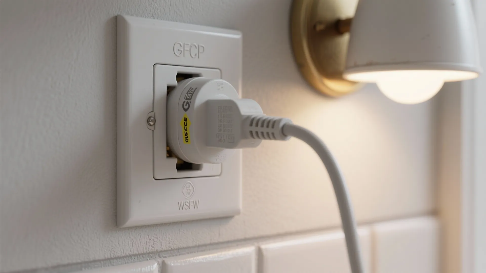 GFCI outlet with plug-in sconce cord showing proper safe installation near kitchen sink.