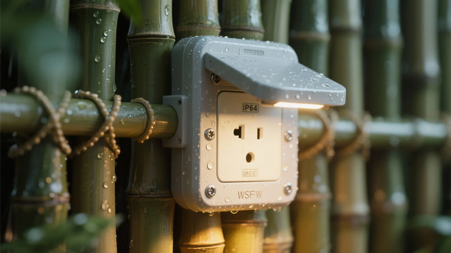 Macro of IP65 sconce and GFCI outlet with cover on a bamboo post.