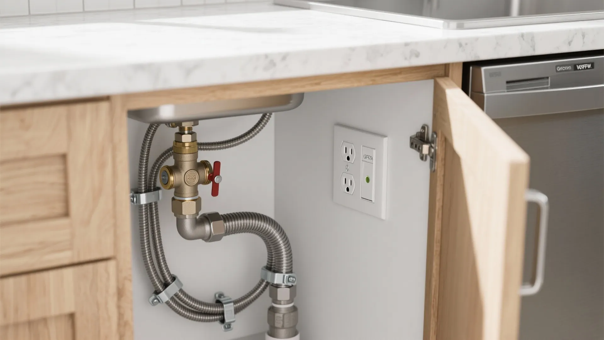 Inside a kitchen cabinet showing plumbing water pipes, a red valve, and a wall outlet