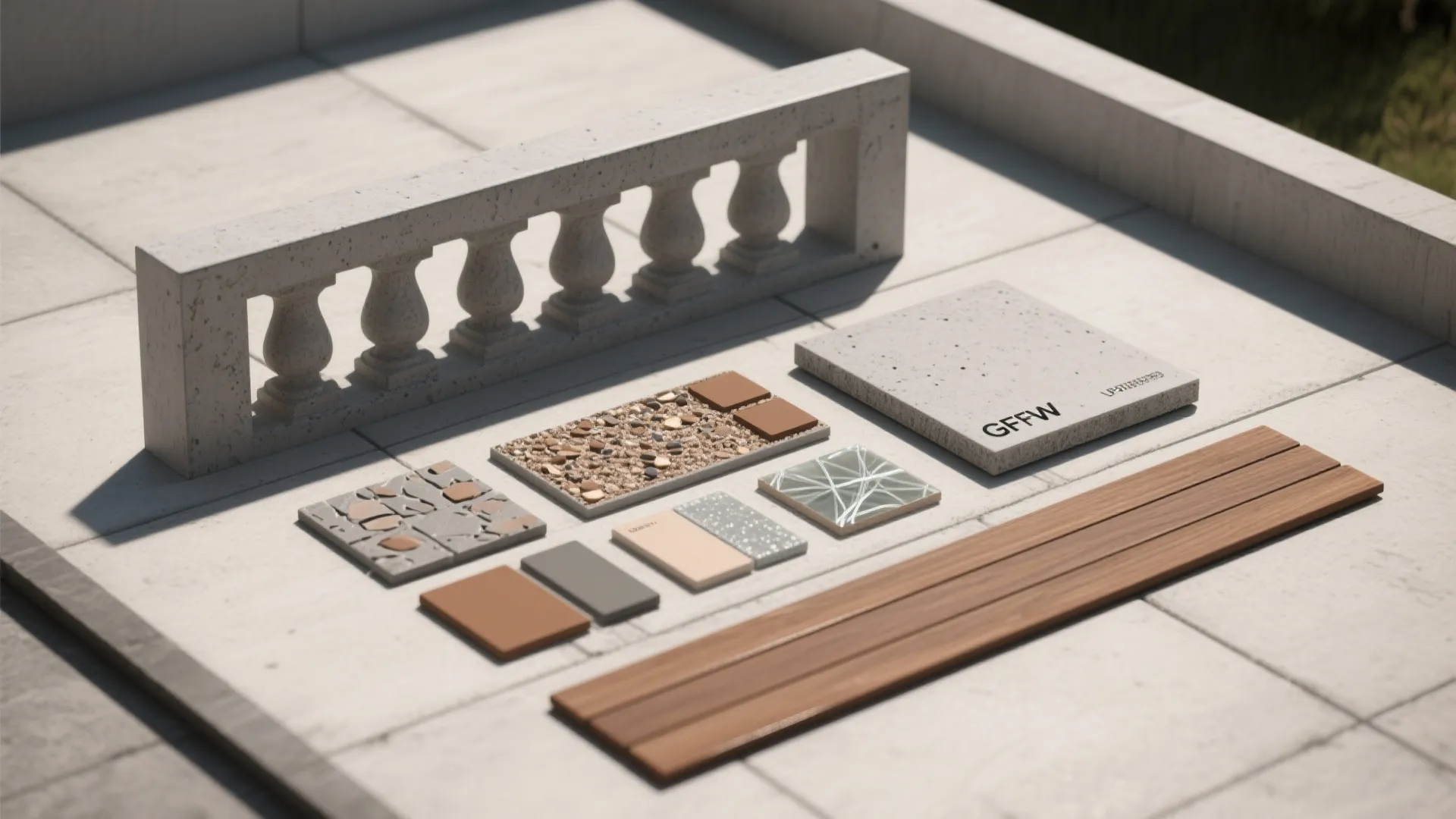 Collection of outdoor building materials including stone tiles wood planks concrete railing and colorful gravel samples