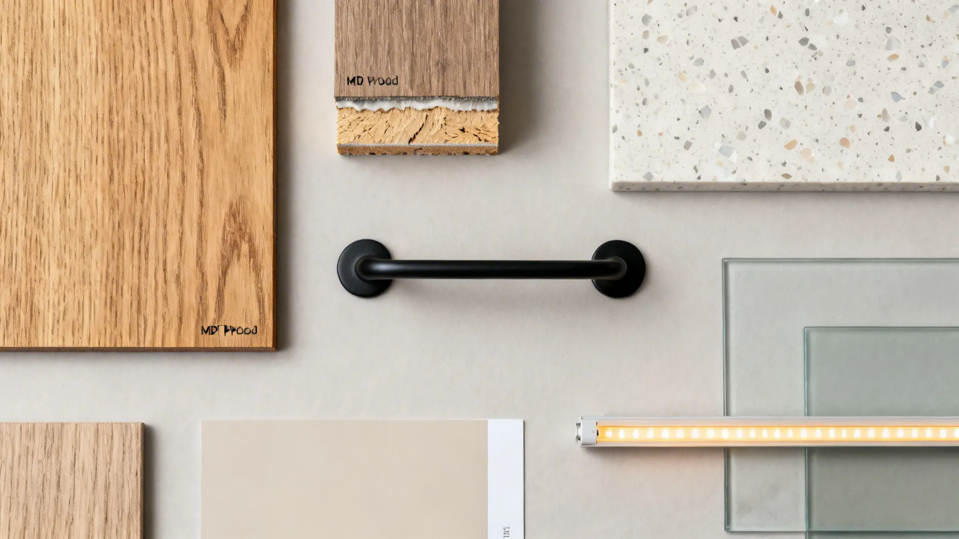 Flat lay of oak laminate, MR plywood core, black pull, quartz, low-iron glass, and LED strip.