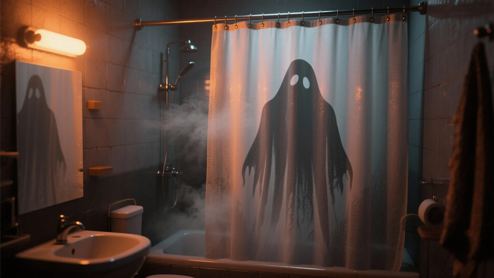 1. Ghostly Shower Curtain + Glow Lighting