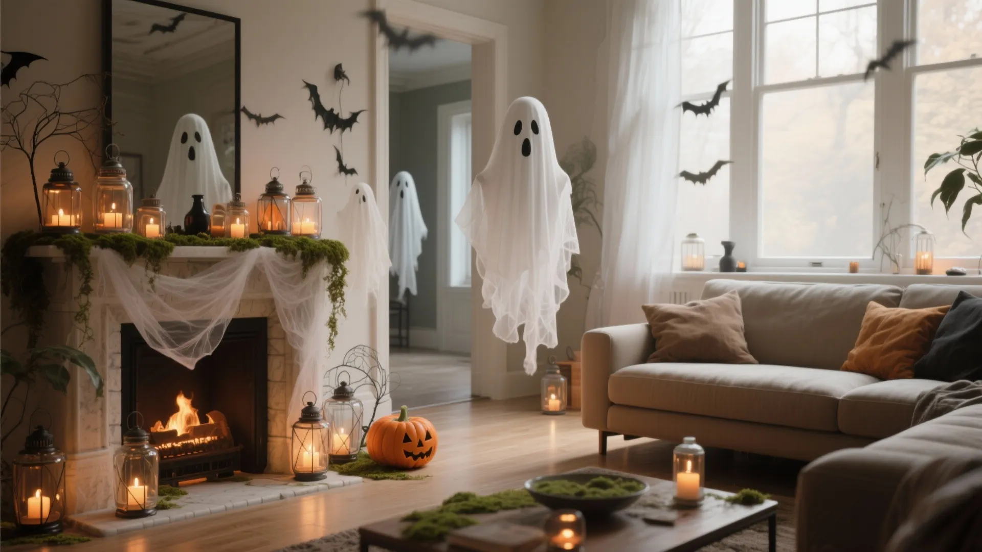 Living room with ghost decor pumpkin fireplace and sofa for halloween interior design theme setup