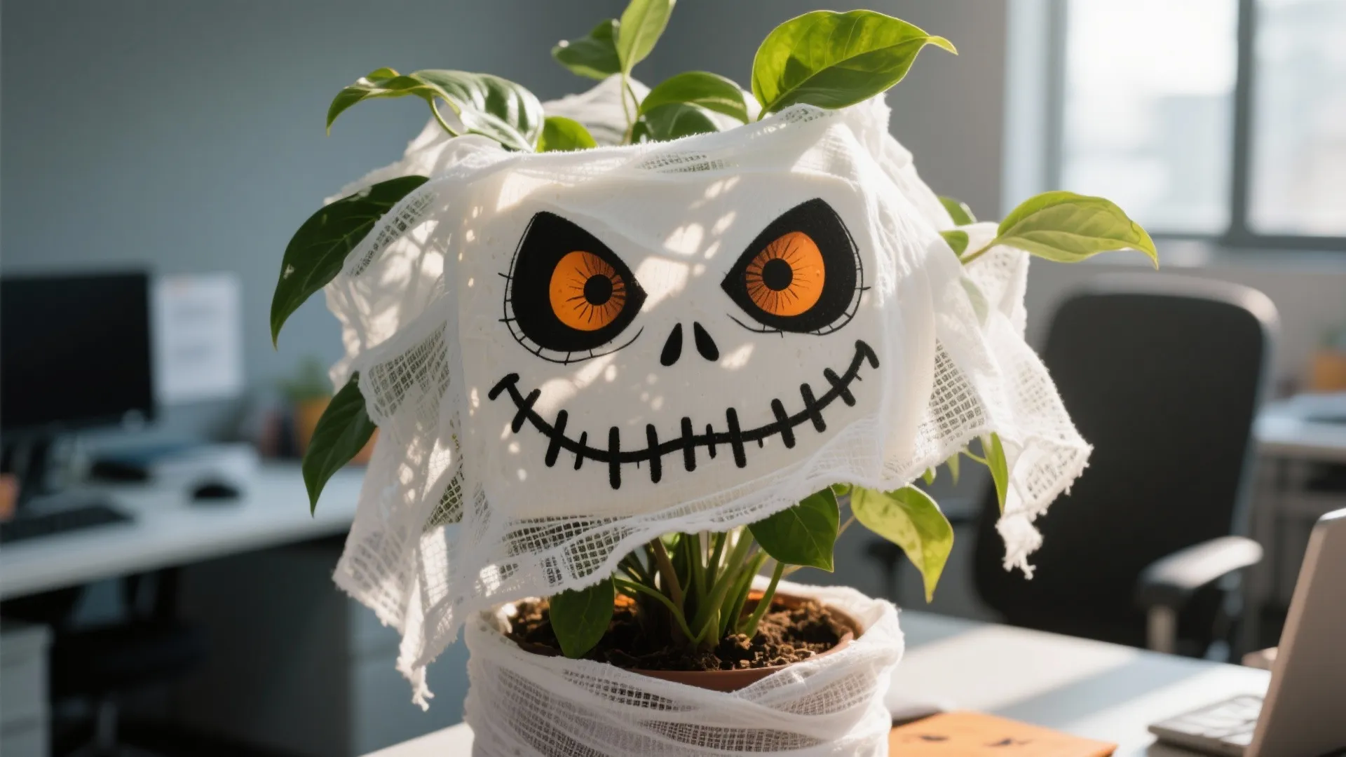 Small green office plant covered in white ghost cloth with scary face for Halloween desk decor