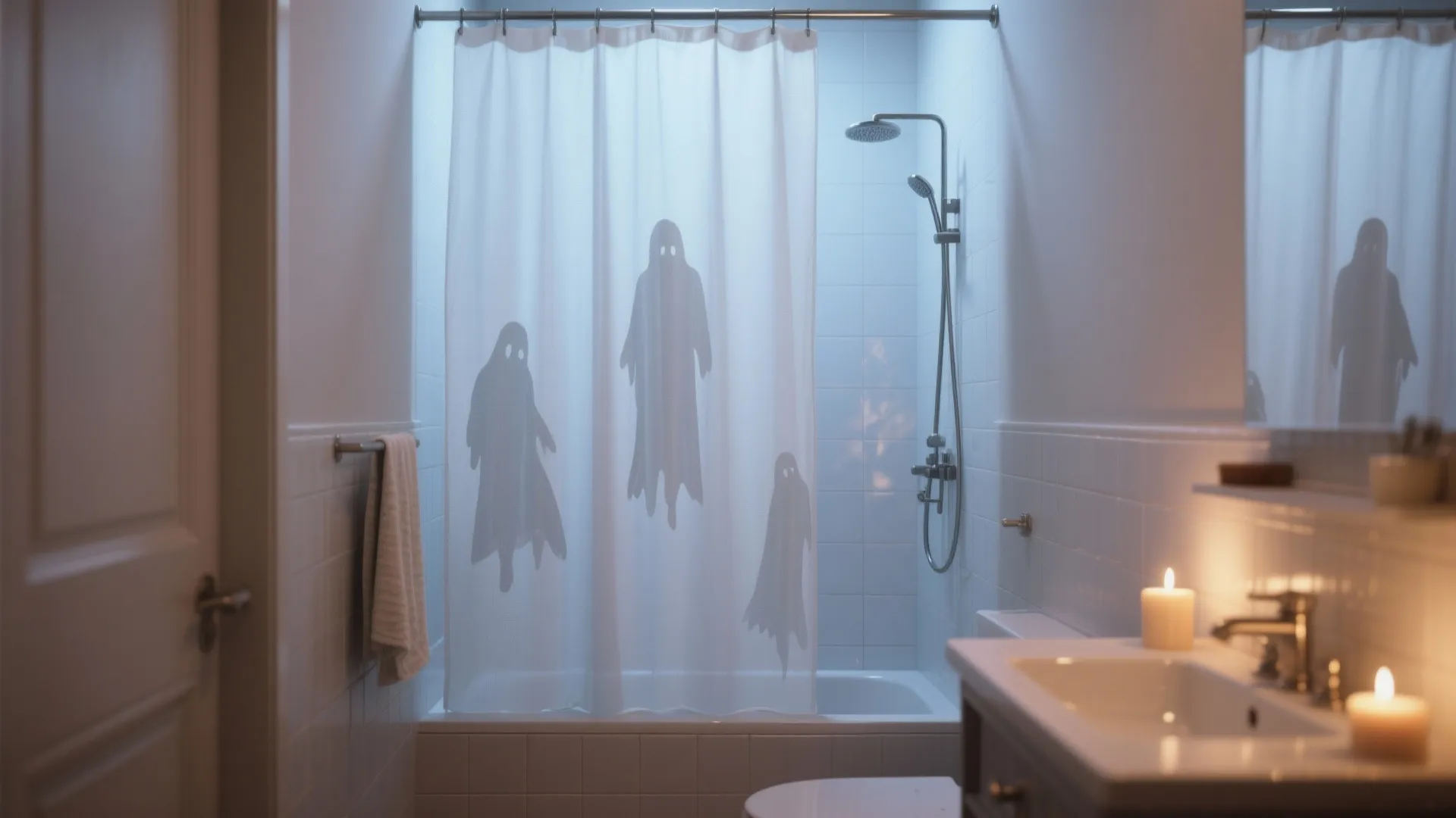 2. Ghostly Sheer Curtains Over Shower