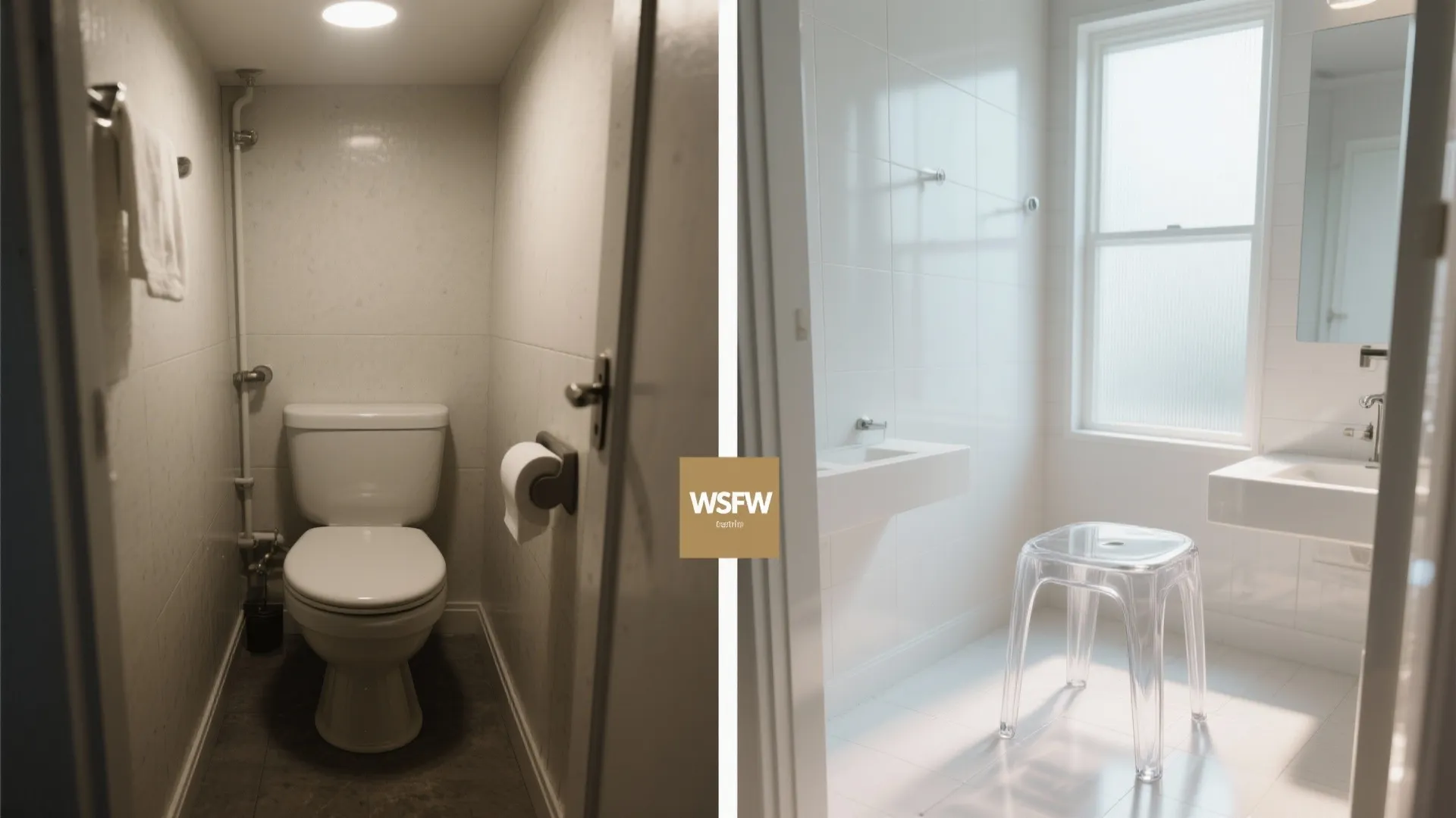 Before-and-after showing an opaque stool versus a clear acrylic stool in a tiny bath.