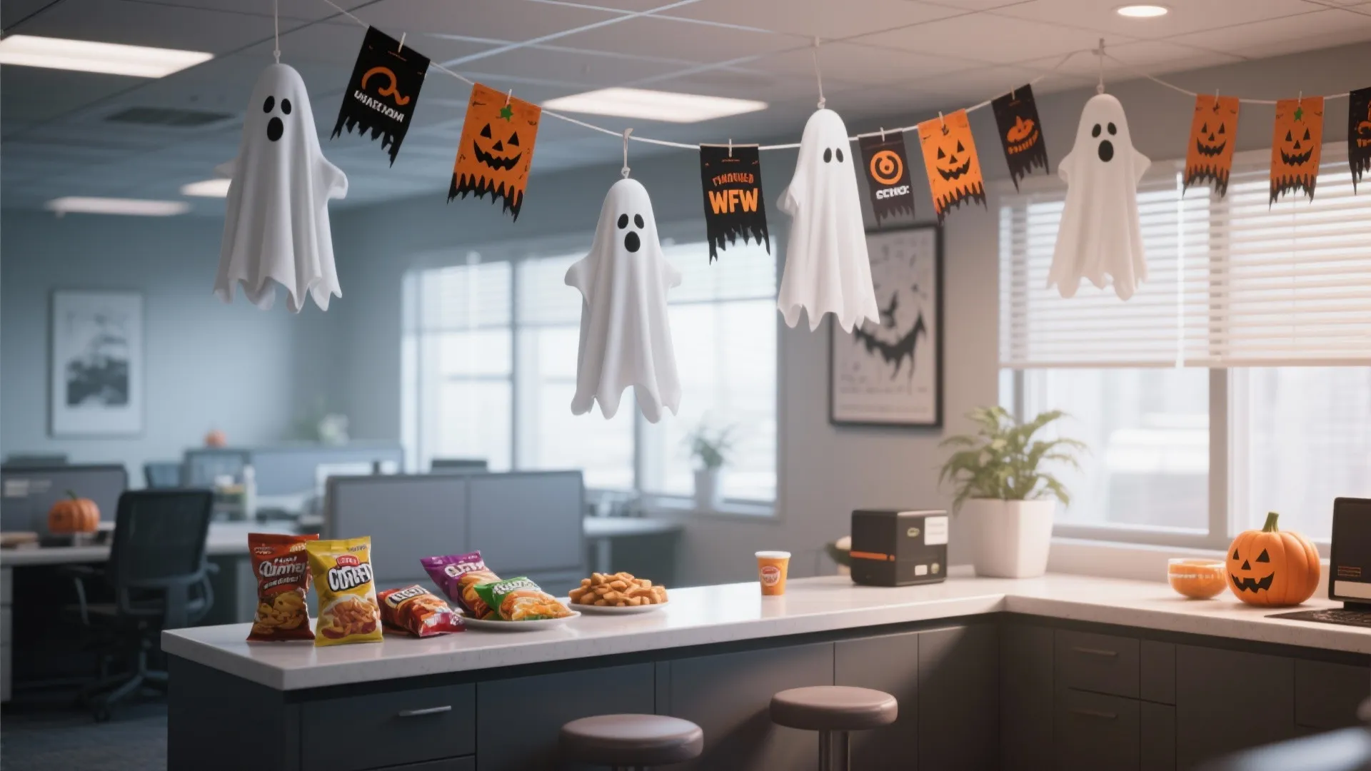 Office break room decorated for Halloween with hanging ghosts white counter snacks and orange pumpkin heads