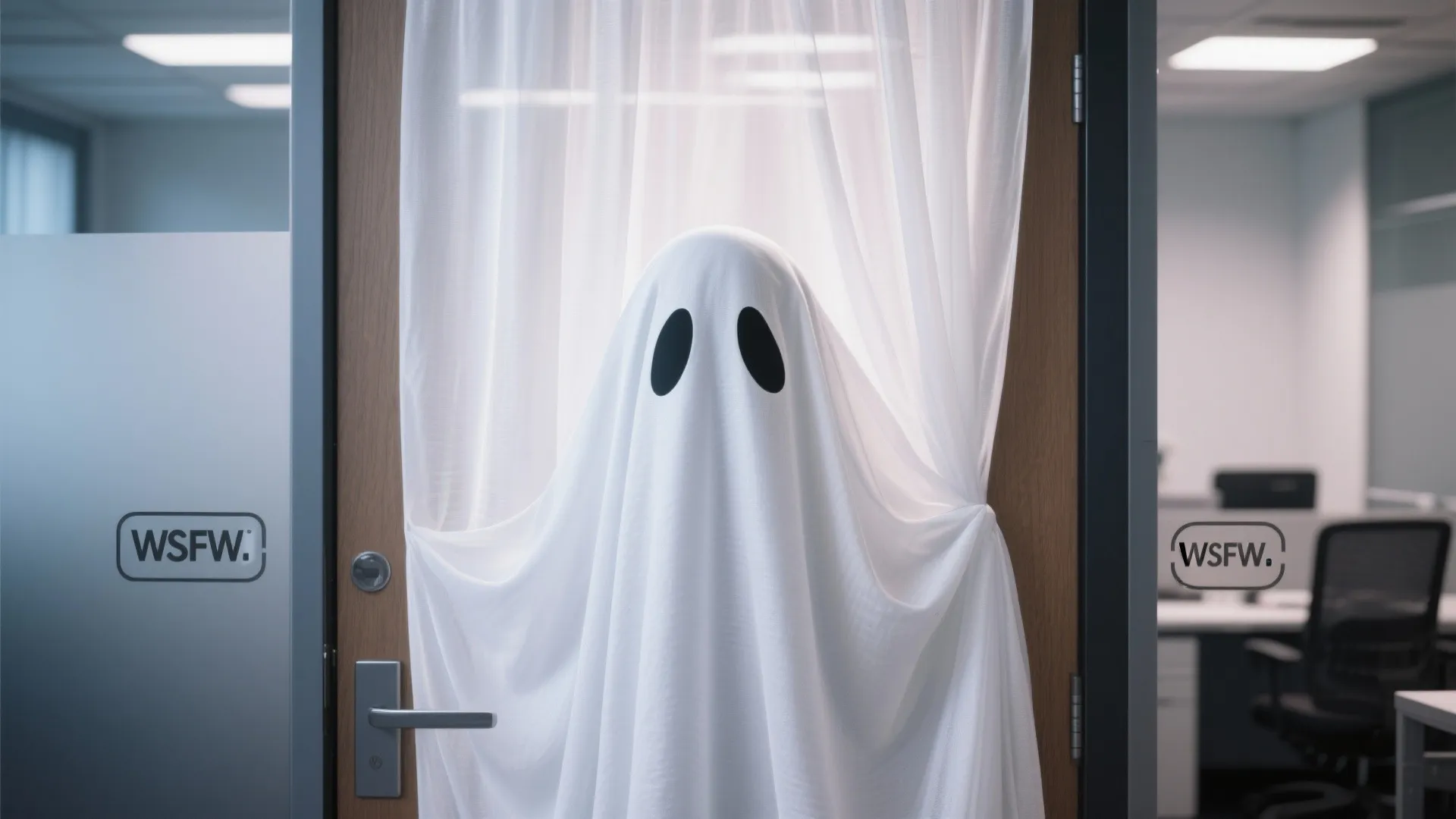 Office doorway draped in chiffon ghost fabric
