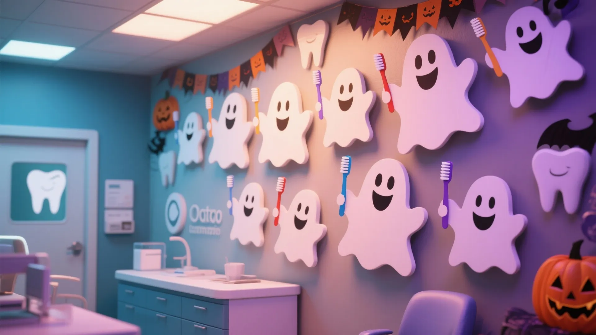 Dental office wall decorated with smiling white ghosts holding colorful toothbrushes and pumpkin holiday banners