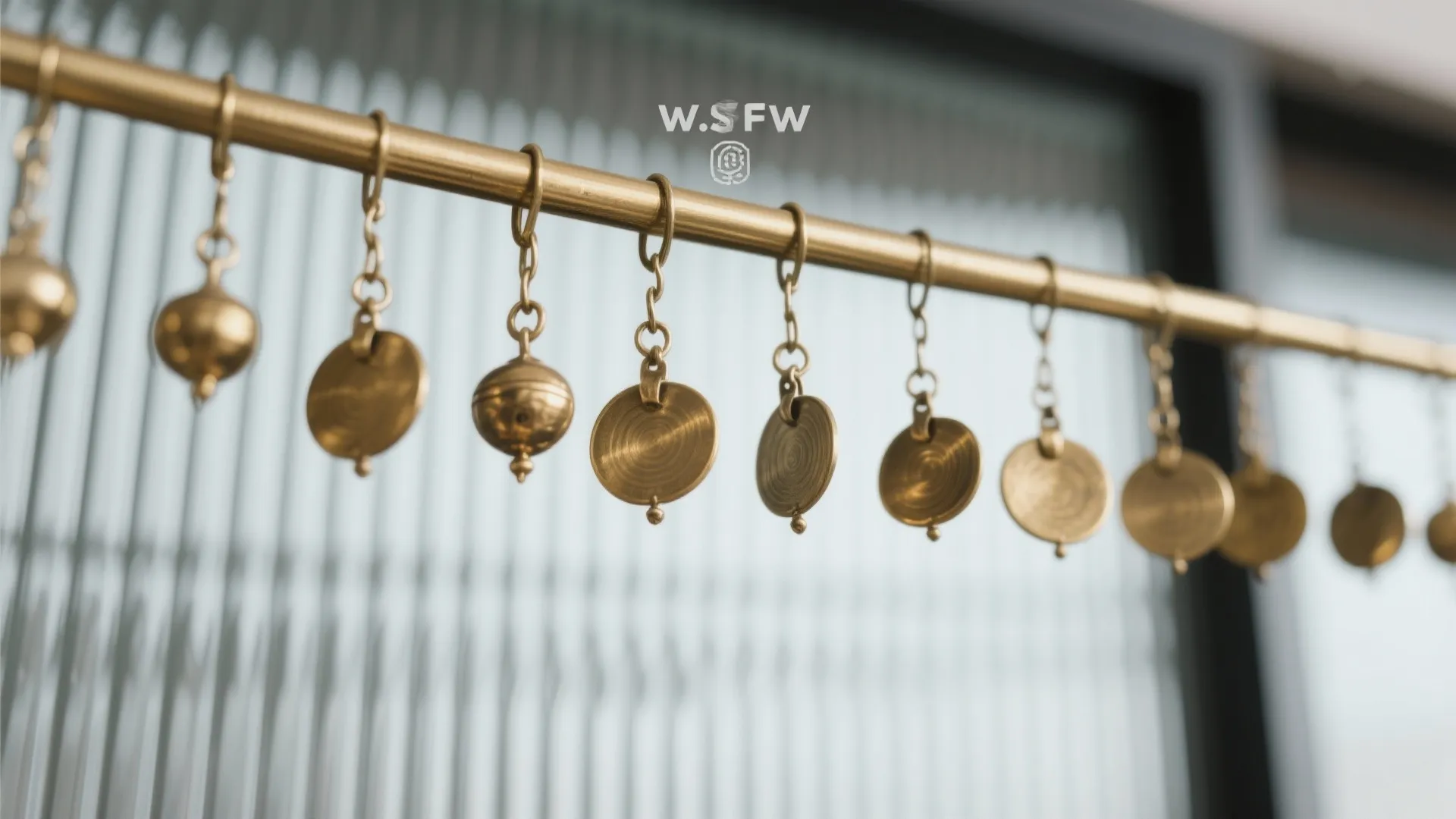 Macro of brass ghungroos hanging before reeded glass with soft light.