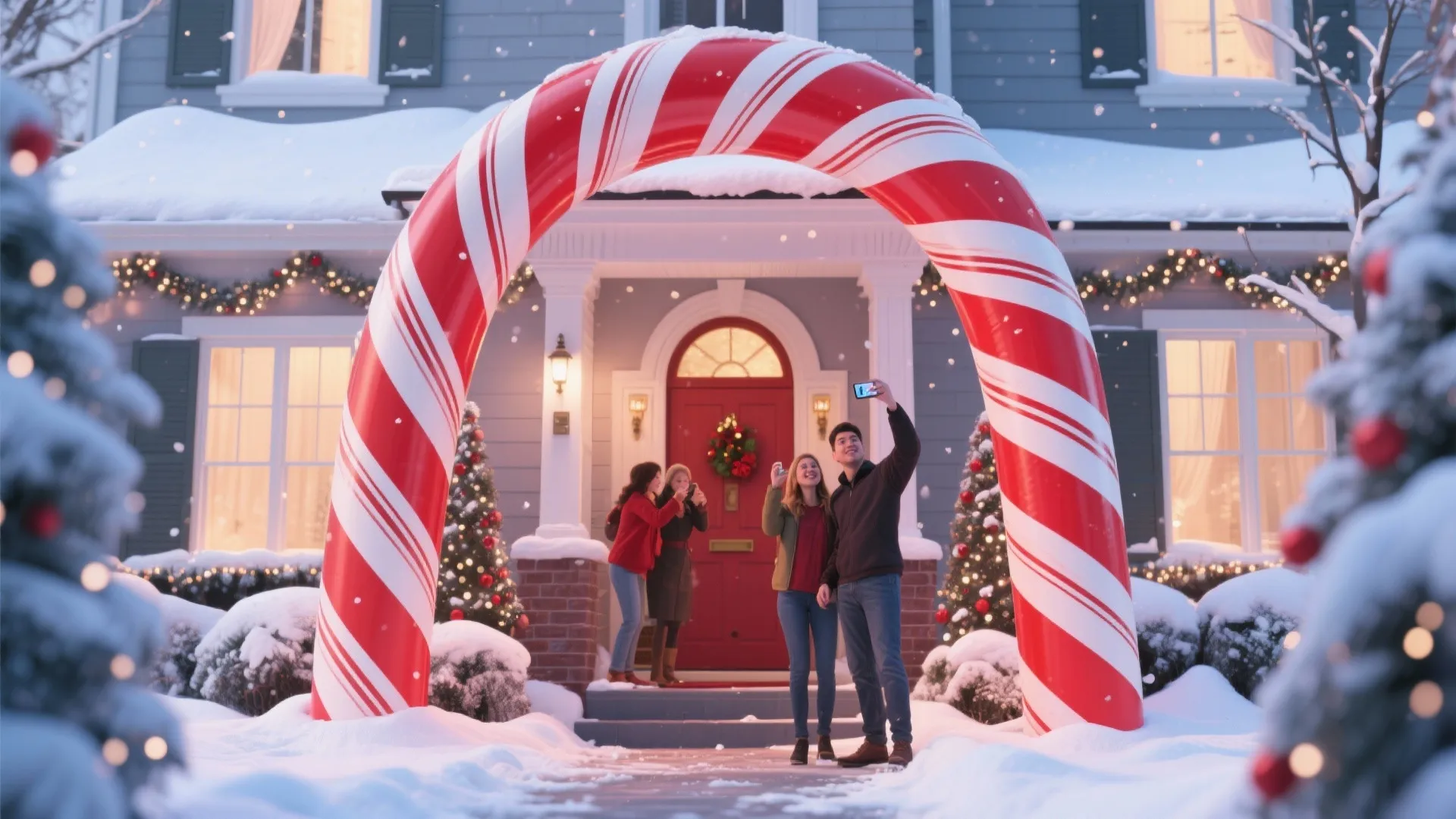 Group of people taking photos under a large candy cane arch in front of house