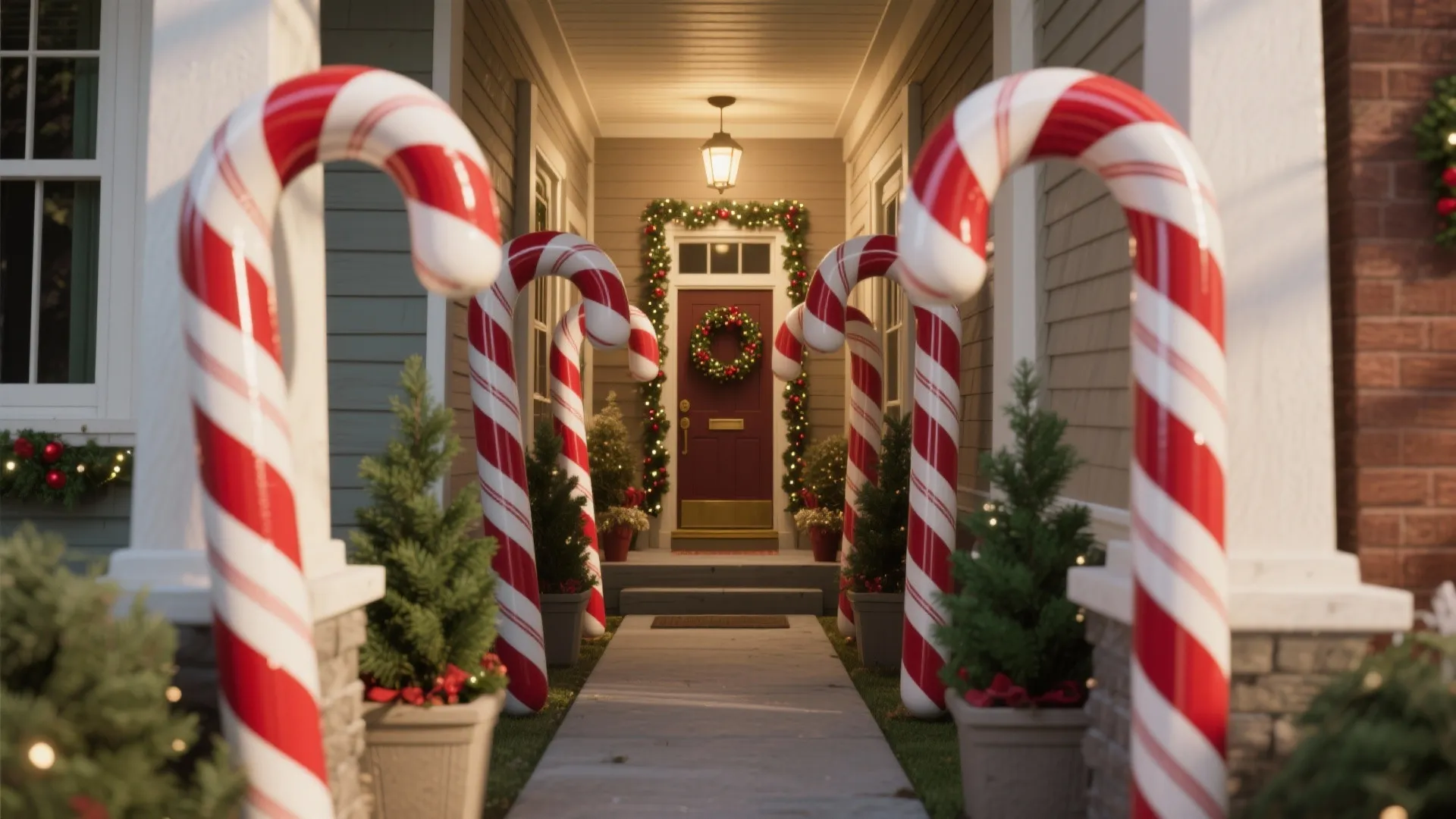 Front porch walkway decorated with large red and white candy canes and green Christmas trees