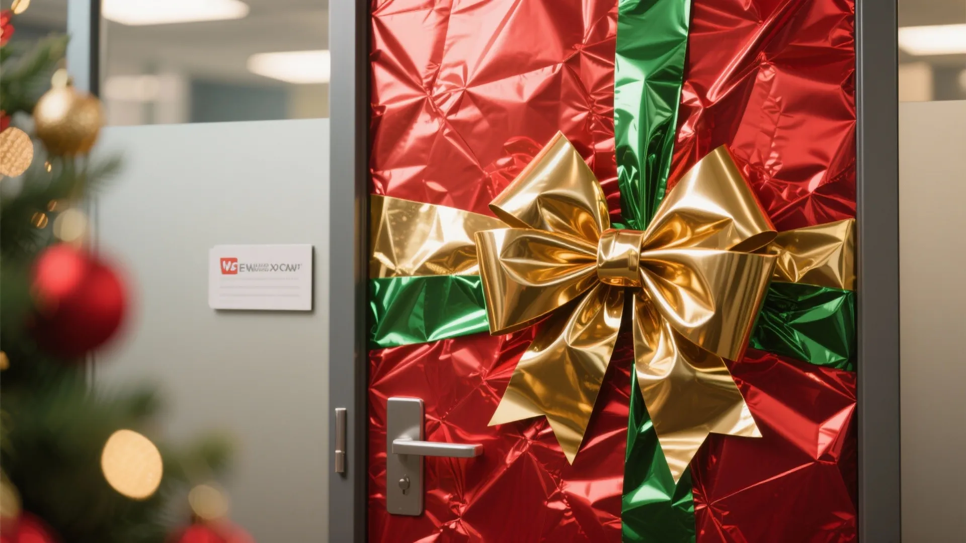 Office door wrapped in shiny red paper with a large gold bow and green ribbon