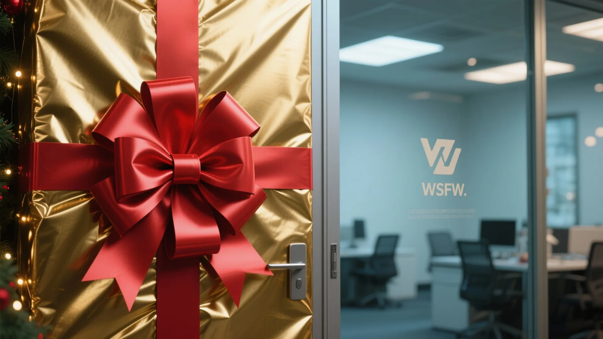 Office glass door wrapped in gold paper and a large red ribbon like a gift