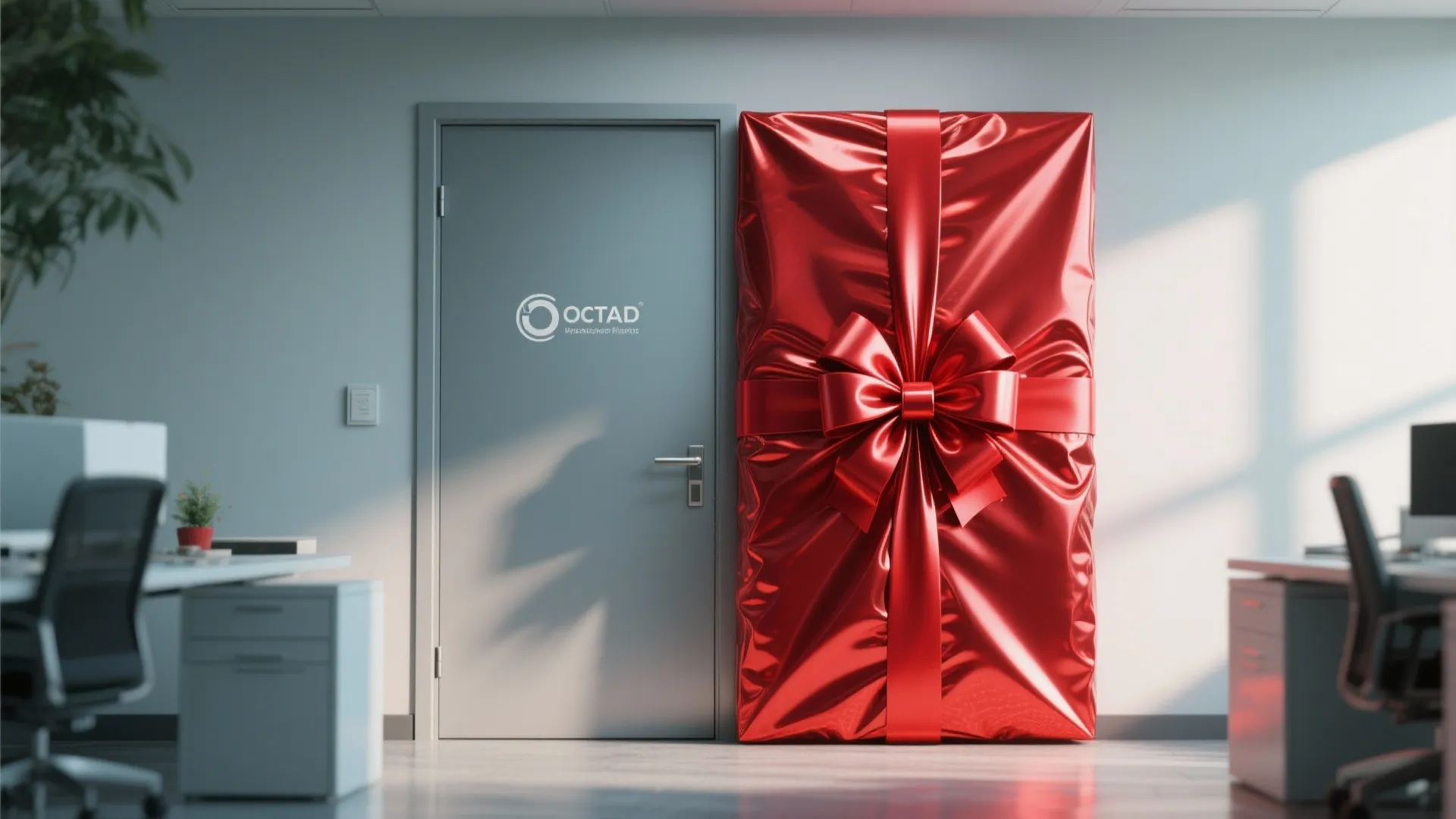 Office door wrapped like a giant Christmas gift