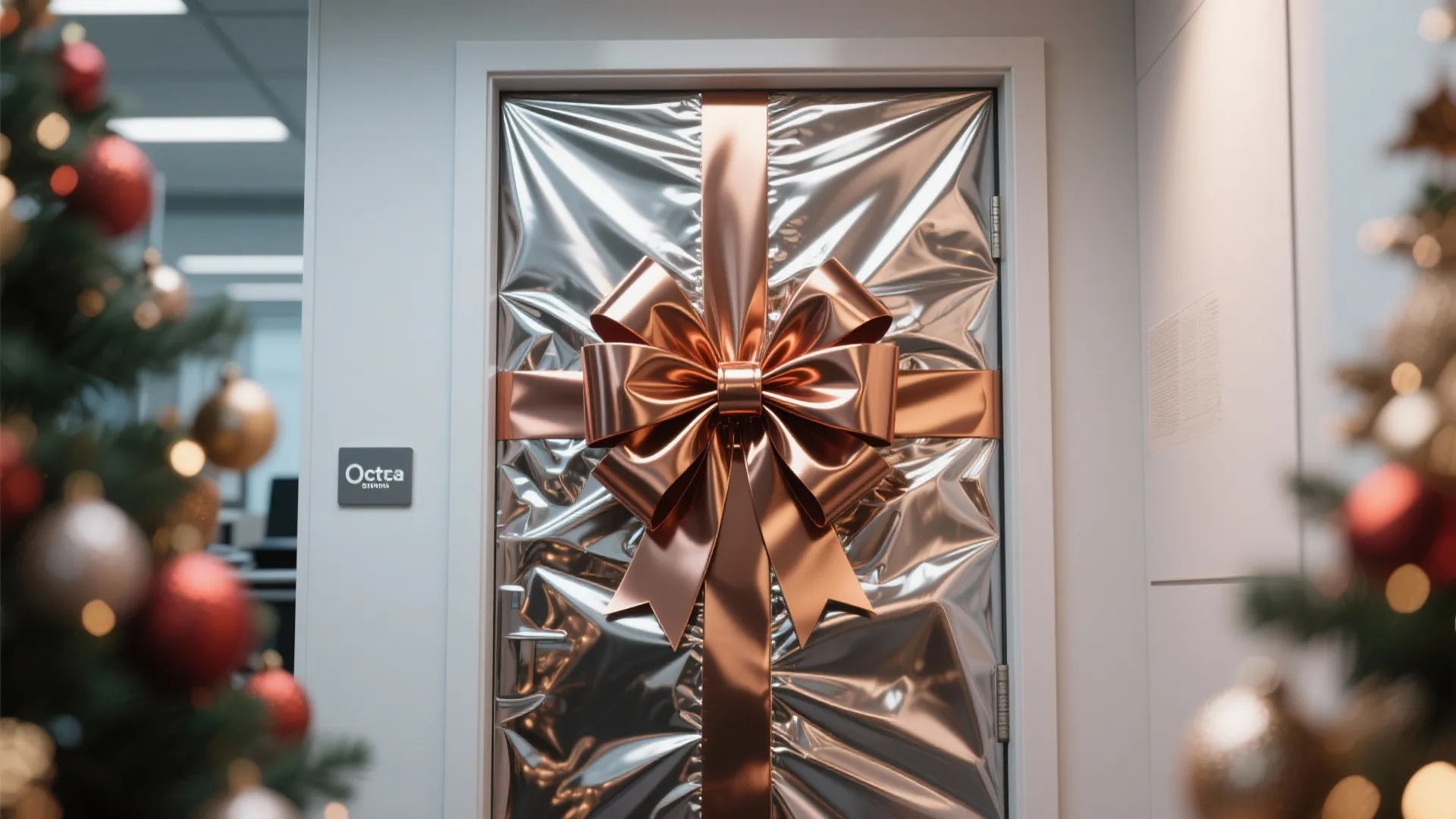Office door wrapped in silver foil with large copper bow for a festive holiday decoration