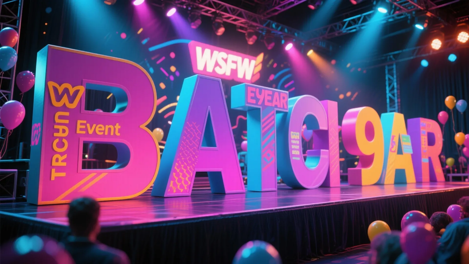 Large colorful letters on a stage with bright party lights and many balloons in view