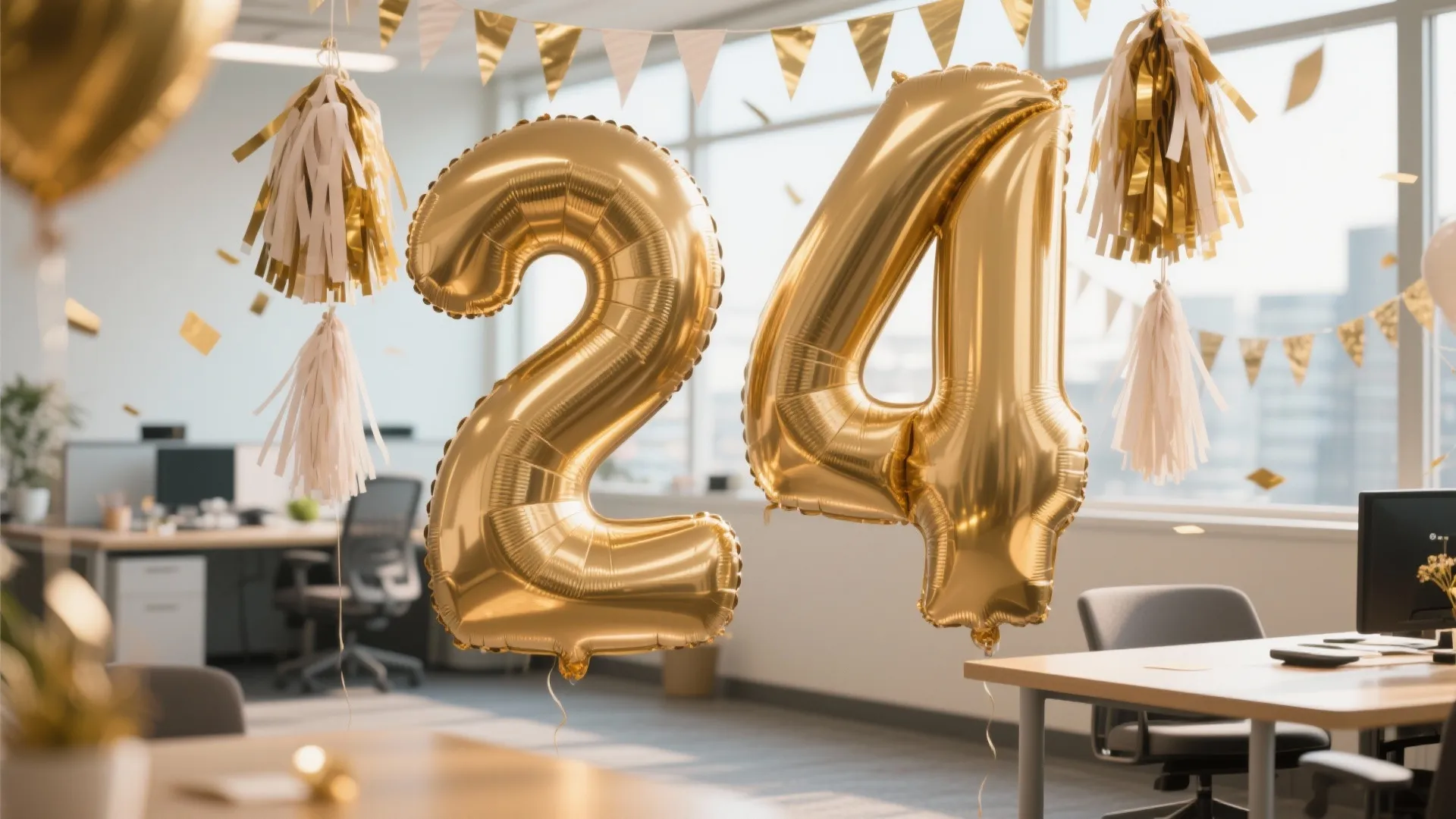 Large gold number twenty four balloons hanging in a bright office with desks and windows