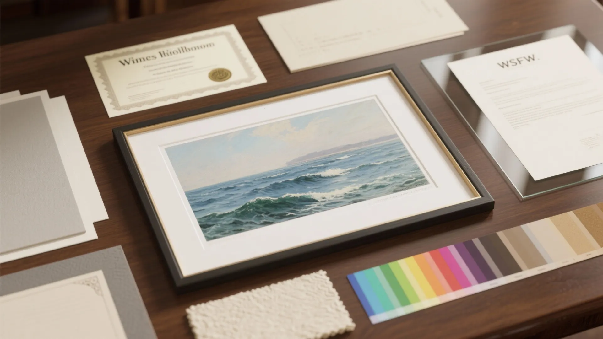 Top-down flatlay of a museum-quality giclée print with certificate, mat samples, and color swatches on a wooden table.