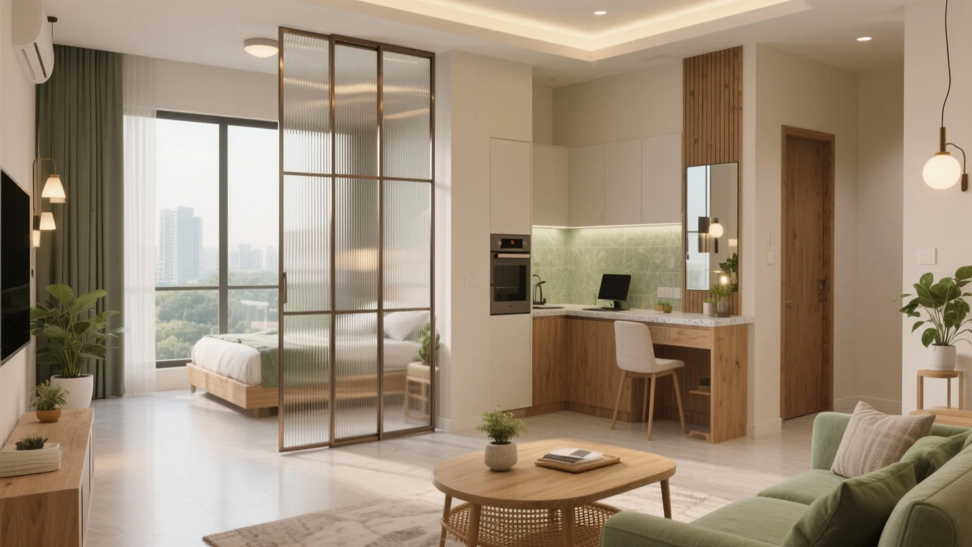 Small apartment interior showing glass room divider between a bedroom and living area with desk