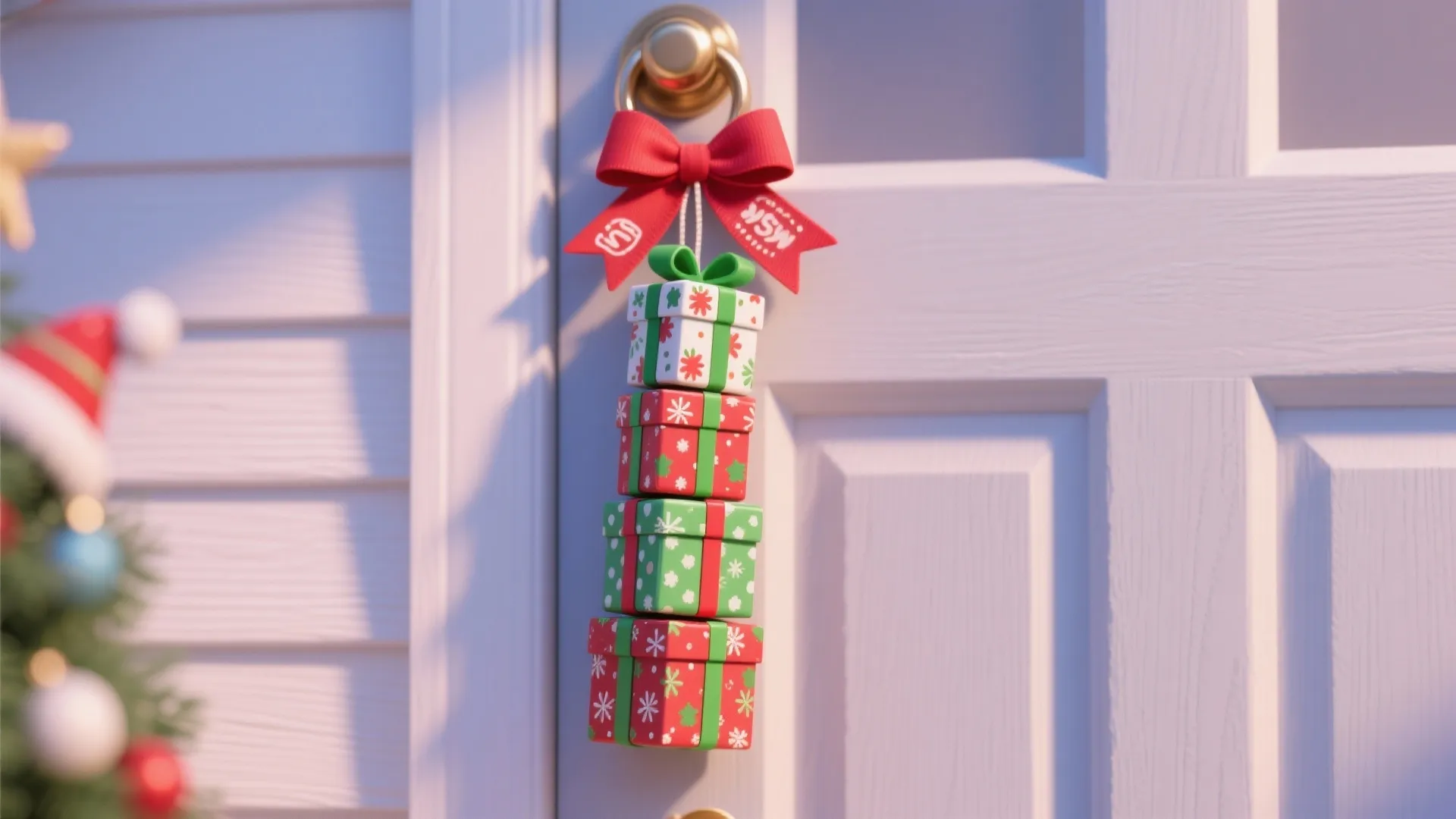 Playful vertical stack of mini wrapped gift boxes as a door hanger
