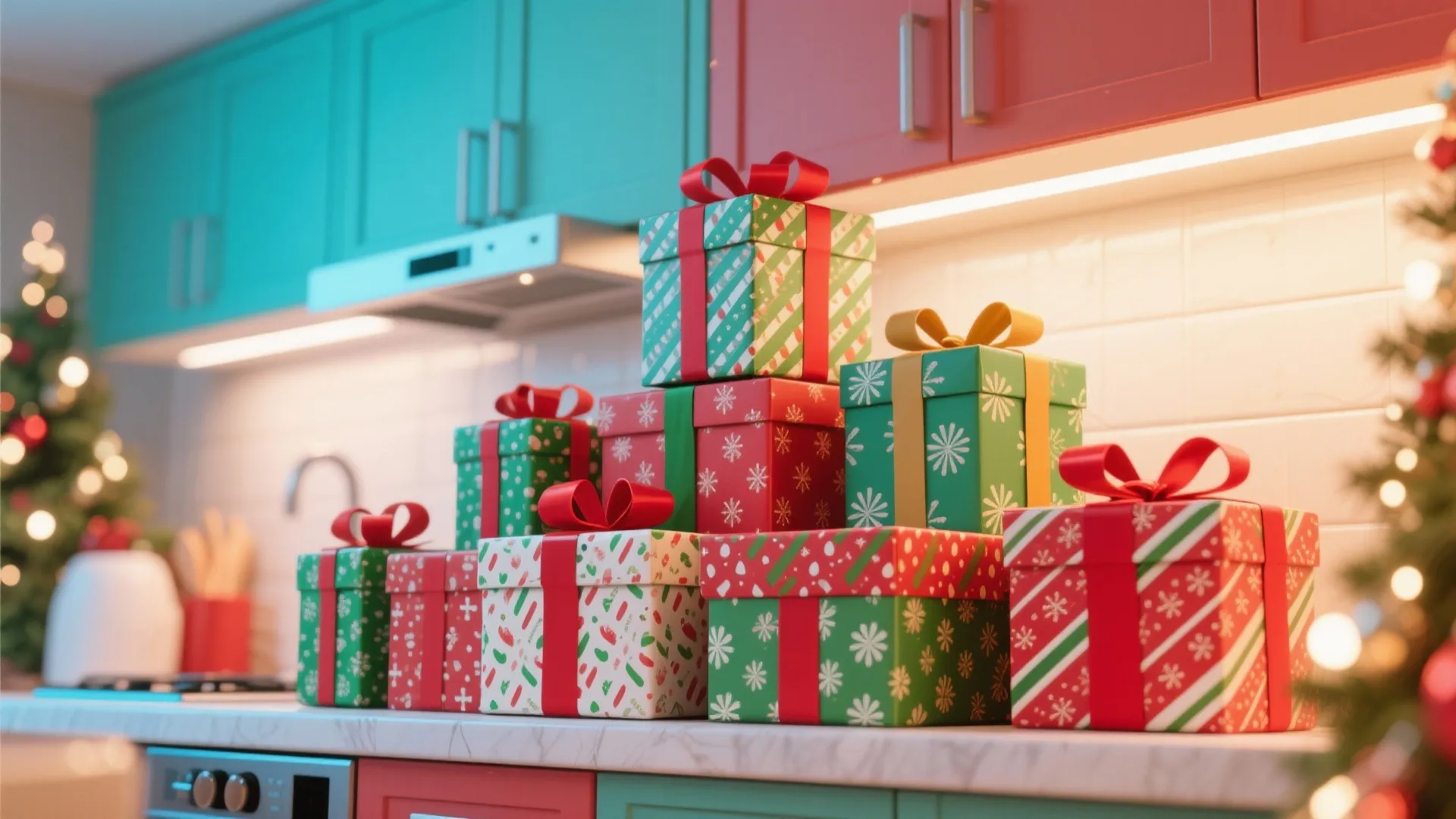 Colorful Christmas gift boxes stacked on white kitchen counter with teal and red upper cabinets