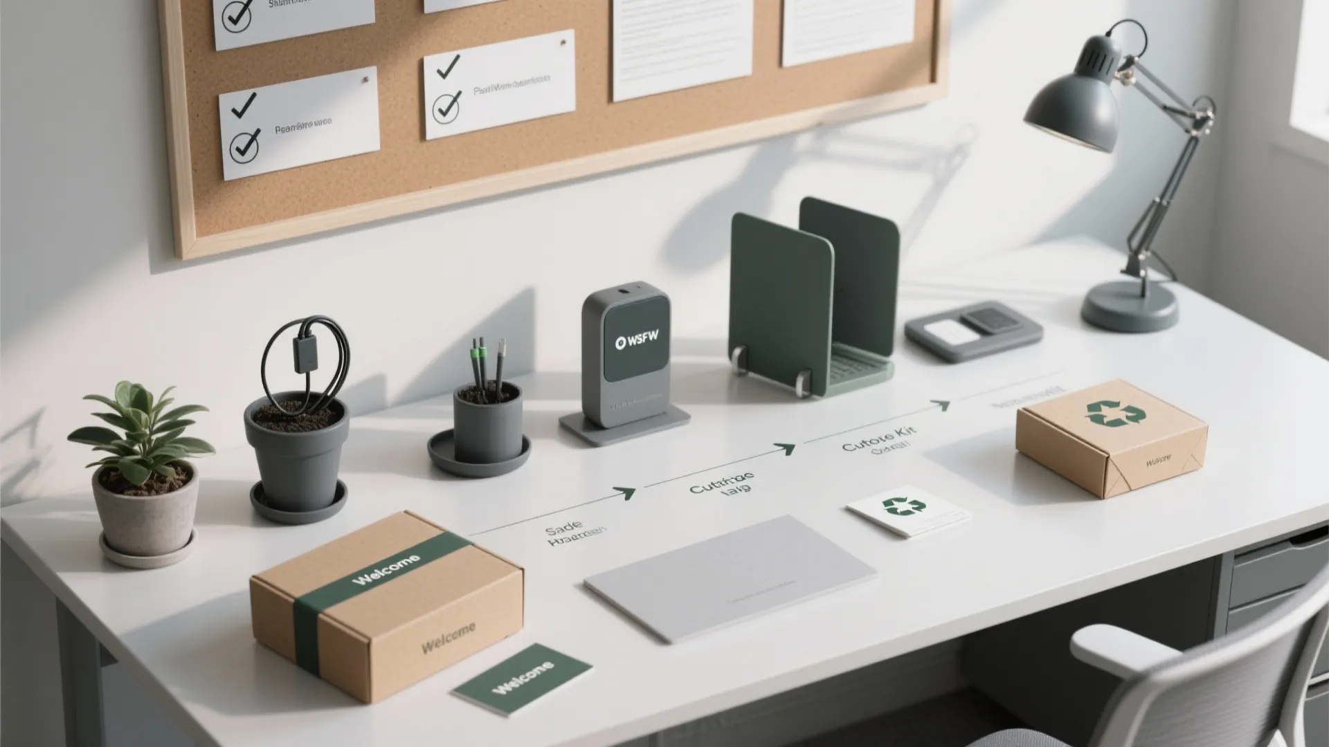 Desk with office supplies and boxes showing a process flow for a sustainable gift set