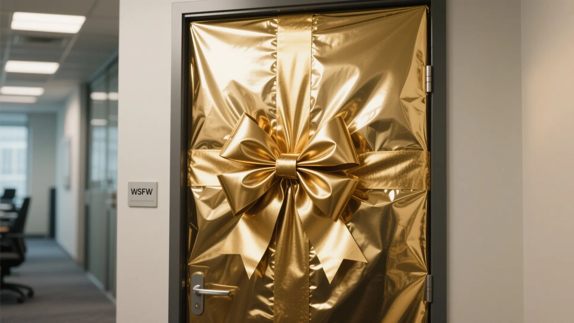 Office door completely covered in shiny gold gift wrap paper with a large matching bow