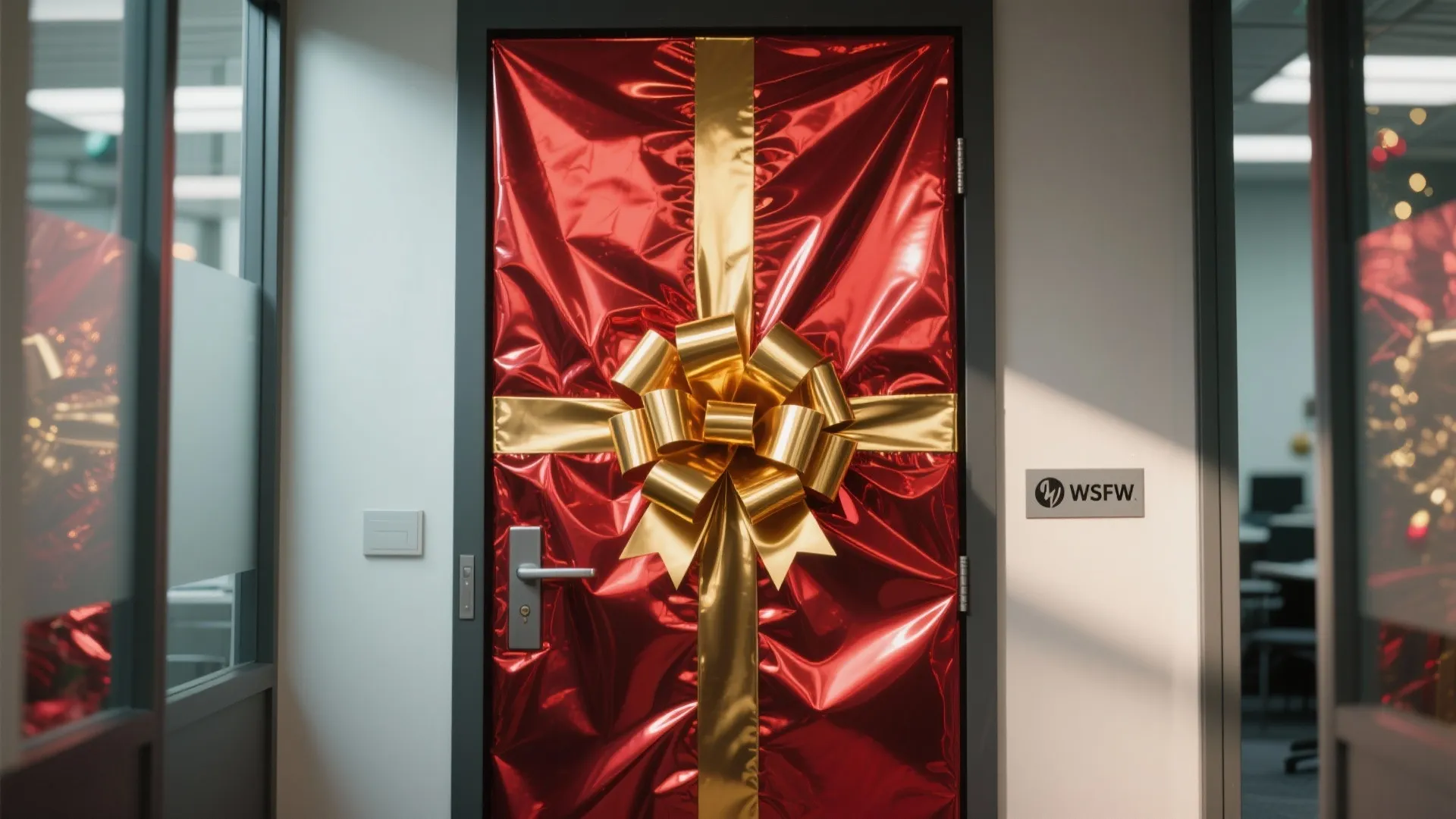 Office door fully wrapped in shiny red paper with a large golden ribbon and bow