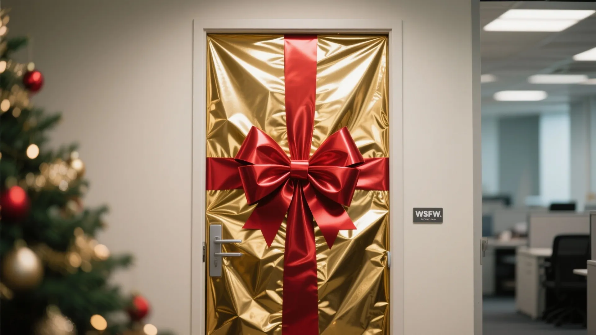 Office door wrapped in metallic gold paper with large red bow