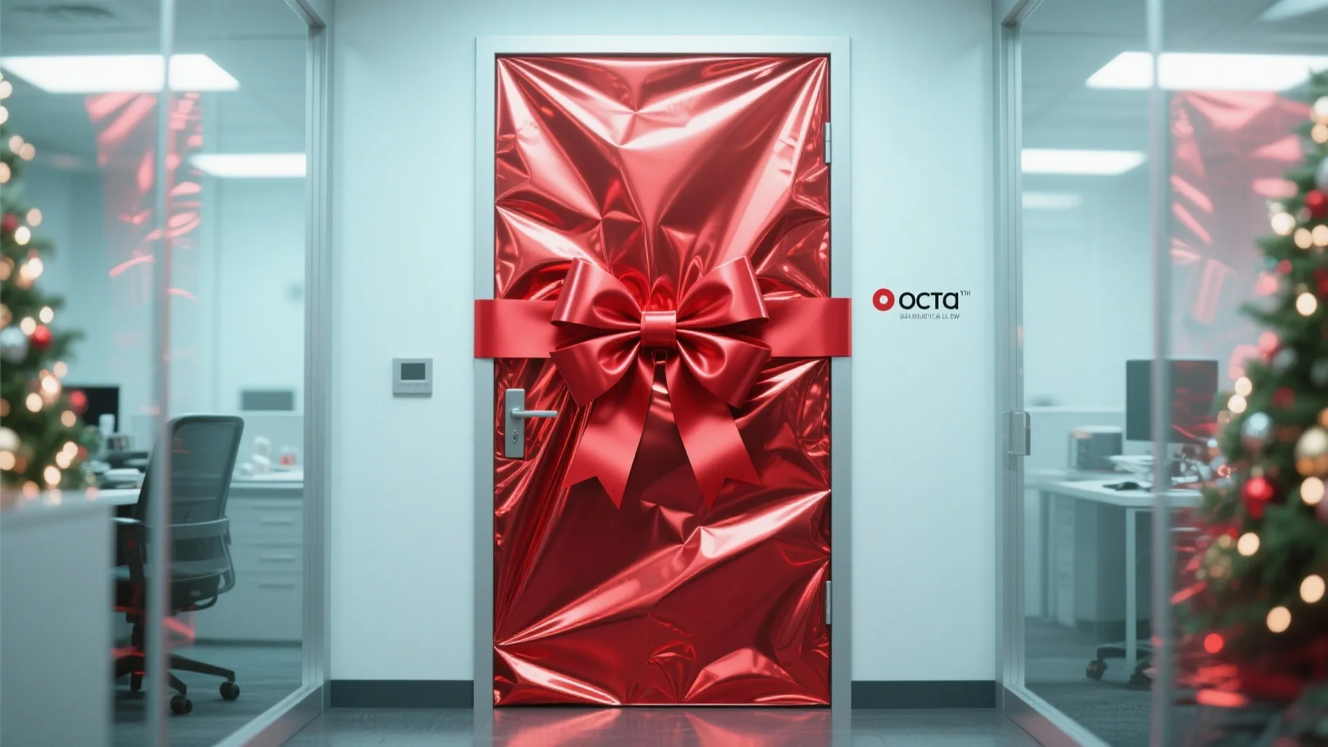 Office door completely wrapped in shiny red paper with a large decorative bow like present