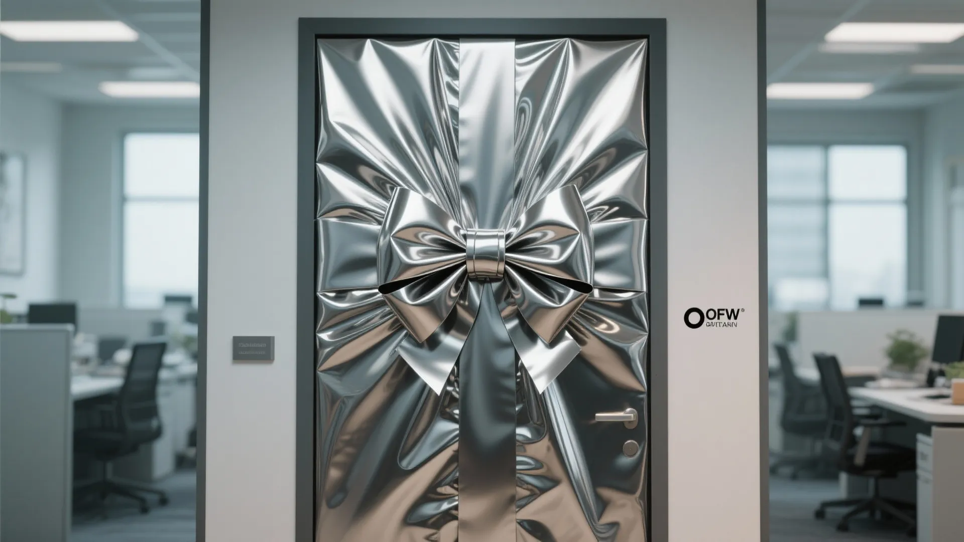 Office door wrapped in silver shiny paper with a large decorative bow in the center