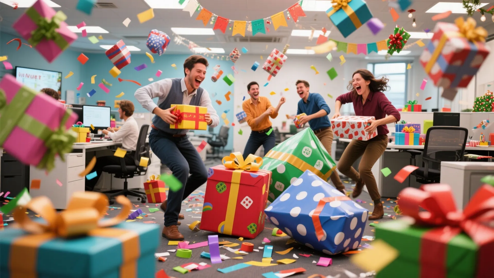 Cheerful team members playing a gift wrap relay game with colorful boxes and falling confetti