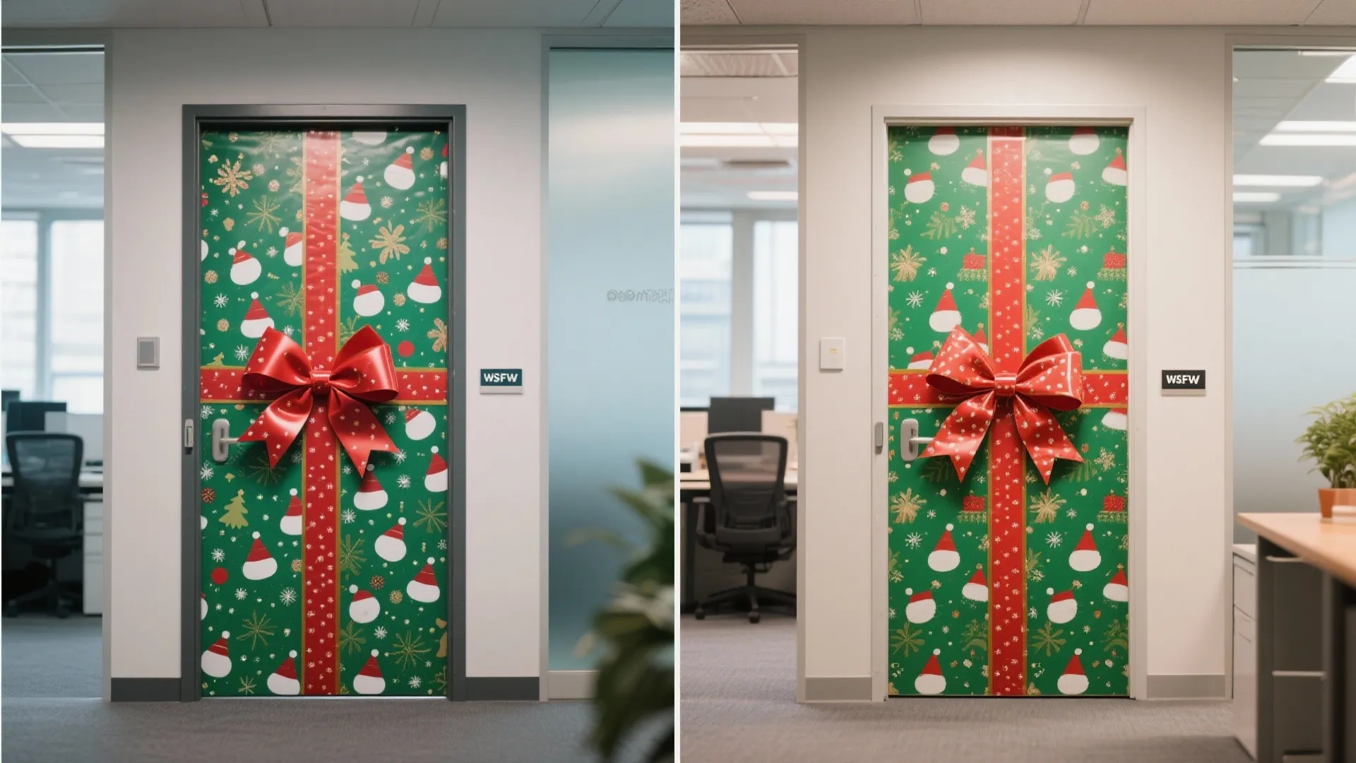 Office doors wrapped in green Christmas paper with a large red bow in a workspace