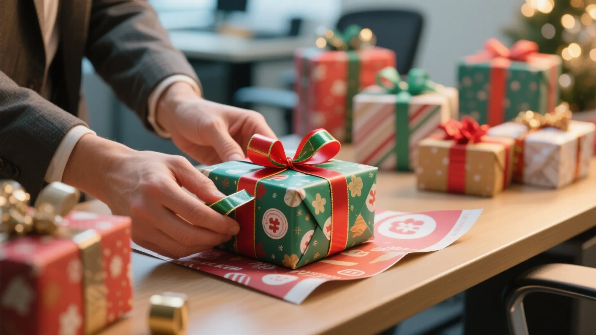 Hands wrapping a Christmas gift for charity at the office