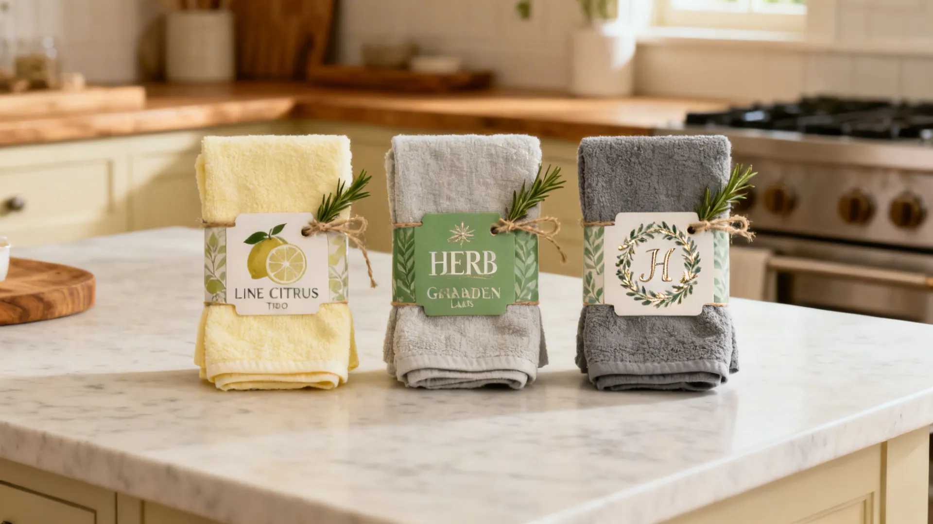 Three folded gift towel sets in yellow and grey colors on a marble kitchen island